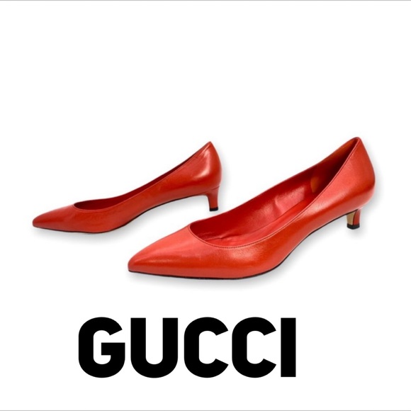 Gucci Shoes - GUCCI Orange Red Oxidation Leather Gloria Kitten Heel Pumps Size 38.5 US 8.5